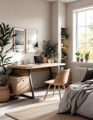 The primary subject of the image is a wooden desk with a laptop on it, situated in a room with a window. The setting includes a chair, a potted plant, and a bed. The visual style is a photo, and the colors and mood are predominantly neutral, with a touch of green from the potted plant.